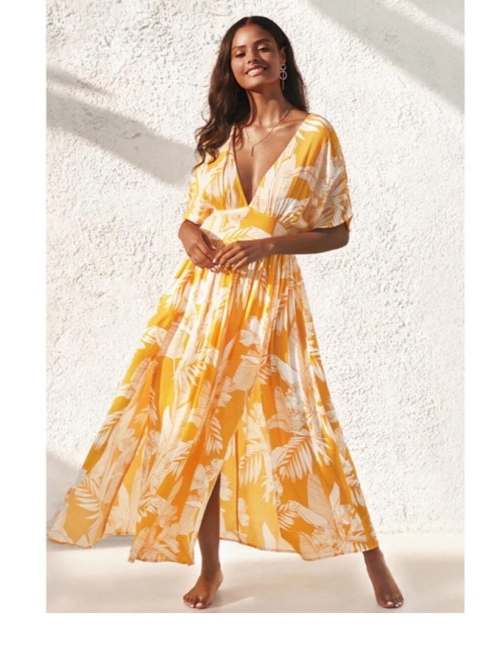 Cupshe | Selena Maxi Dress Double Slit Floral Tropical Summer Yellow White Large